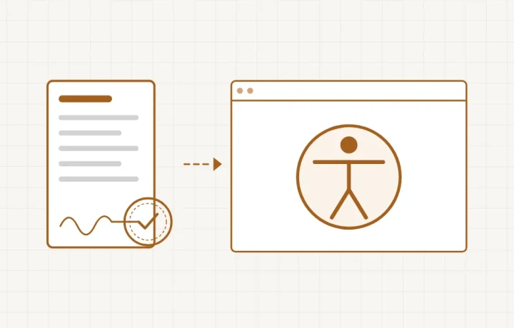 Accessibilité obligatoire : un texte signé et tamponné, relié à une fenêtre de site portant le pictogramme de l’accessibilité