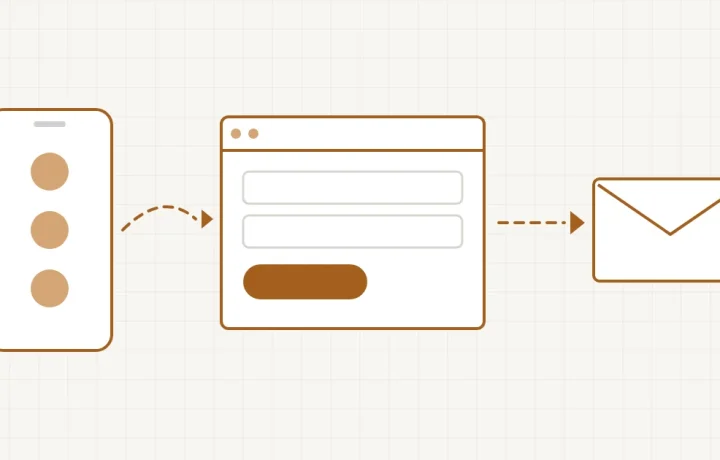 Un téléphone relié à un formulaire d’inscription du site, puis à une enveloppe