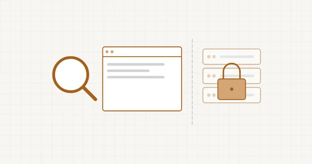 Auditer sans les accès : une loupe devant la partie visible du site, et derrière une séparation le serveur fermé par un cadenas