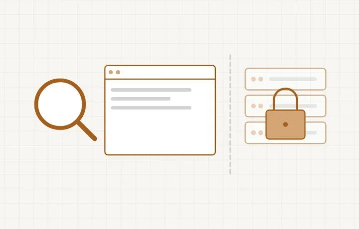 Auditer sans les accès : une loupe devant la partie visible du site, et derrière une séparation le serveur fermé par un cadenas
