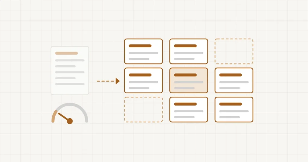 Combien de pages pour un sujet : une page seule avec une jauge au plus bas, face à une grille de pages autour d’une page centrale