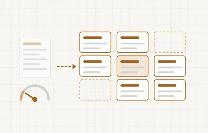 Combien de pages pour un sujet : une page seule avec une jauge au plus bas, face à une grille de pages autour d’une page centrale