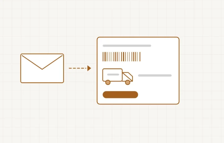 Une enveloppe numérique ouverte sur trois lignes simples : numéro de suivi, transporteur, délai