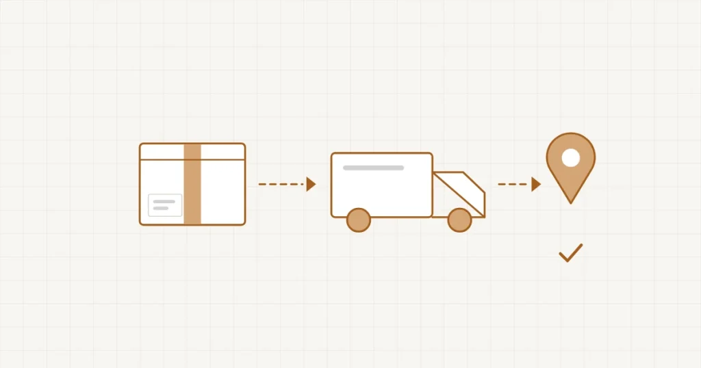 Un colis, un camion de livraison et un repère de carte coché