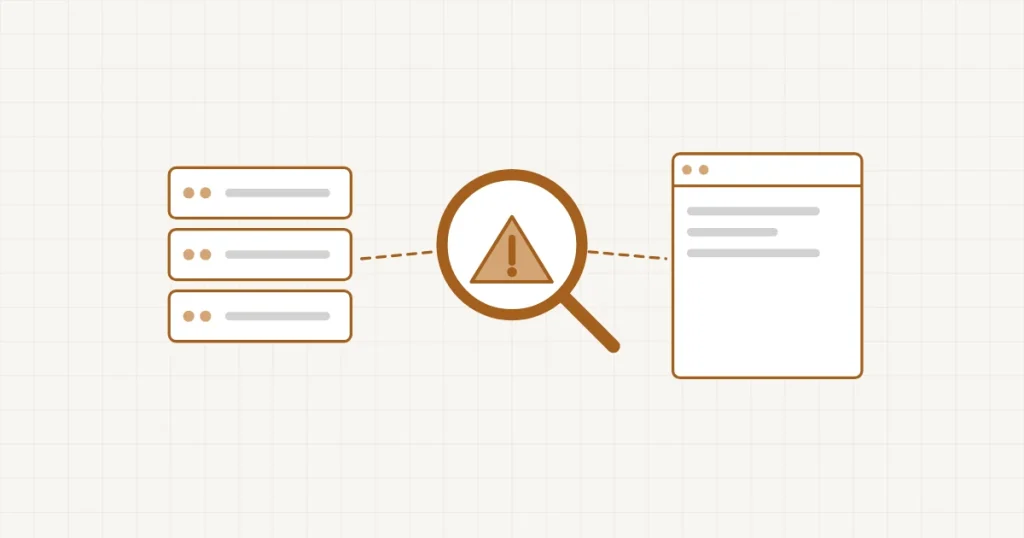 Hébergeur ou site en panne : une loupe sur un triangle d’alerte, placée entre le serveur et la page du site