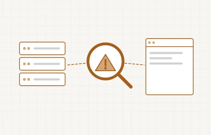 Hébergeur ou site en panne : une loupe sur un triangle d’alerte, placée entre le serveur et la page du site