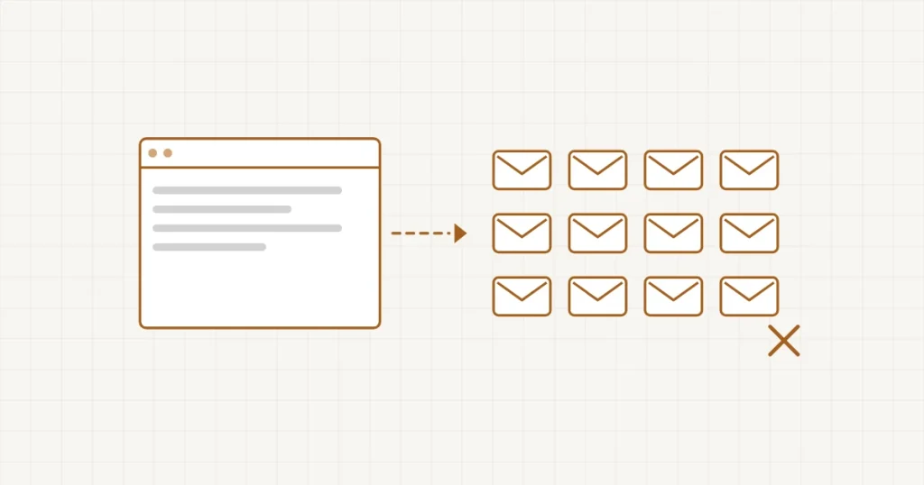 Une boîte mail classique saturée de messages identiques envoyés un par un, à côté d’un outil dédié qui envoie en une seule fois