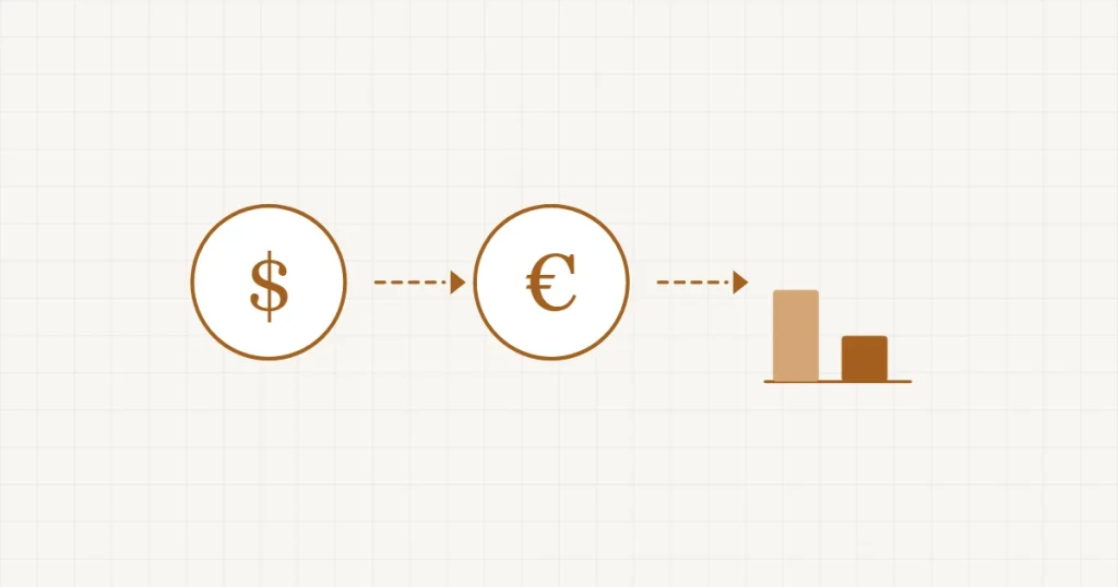 Une pièce en euro qui se transforme en plusieurs devises différentes en traversant un petit guichet de change