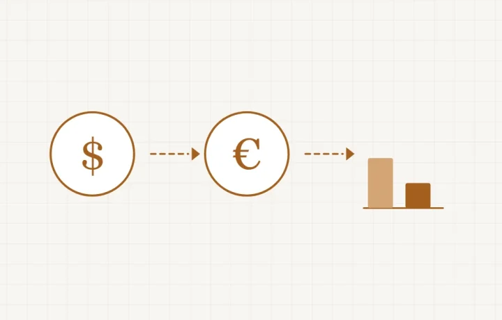 Une pièce en euro qui se transforme en plusieurs devises différentes en traversant un petit guichet de change