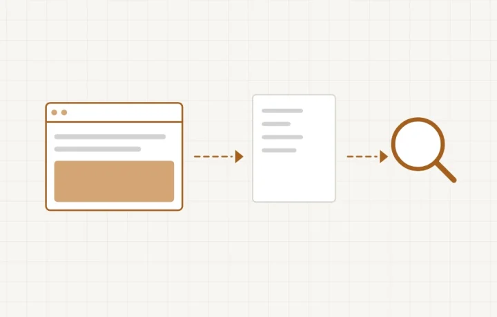Une loupe posée sur un plan de site relié à un moteur de recherche, sans chronomètre à côté