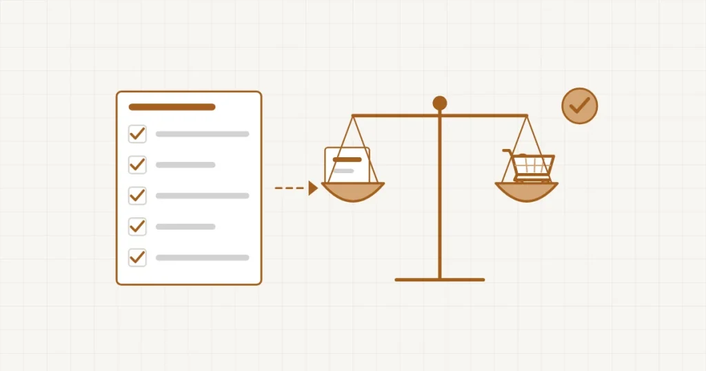 Conditions de vente : un document aux cinq clauses cochées, puis une balance qui équilibre le vendeur et le panier du client