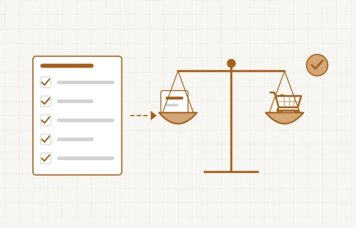 Conditions de vente : un document aux cinq clauses cochées, puis une balance qui équilibre le vendeur et le panier du client