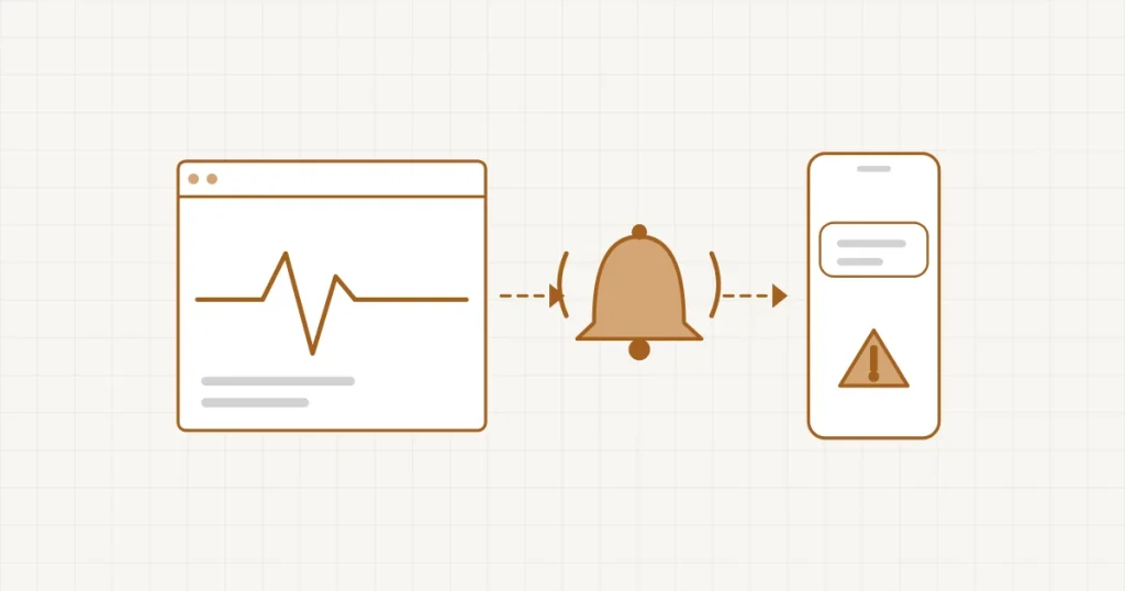 Surveiller son site sans y penser : le pouls du site sur un écran, une cloche qui sonne et une alerte reçue sur le téléphone