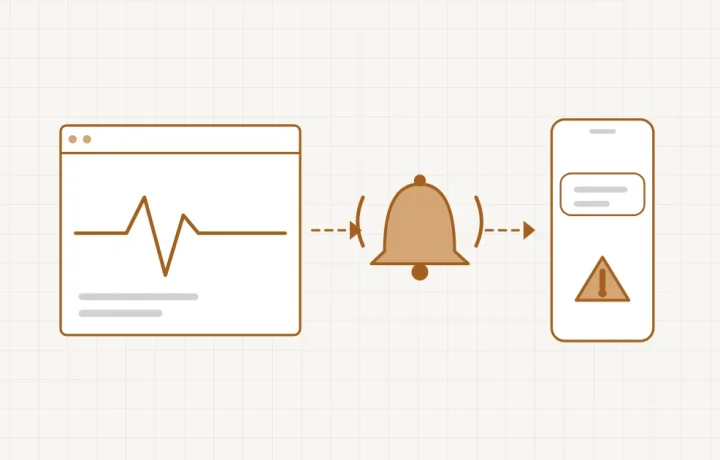 Surveiller son site sans y penser : le pouls du site sur un écran, une cloche qui sonne et une alerte reçue sur le téléphone