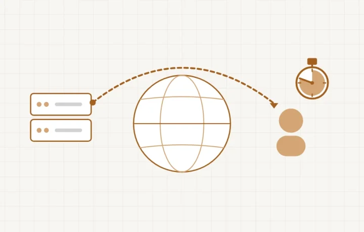 Depuis l’étranger : un serveur relié par un long trajet par-dessus le globe à un visiteur lointain, chronomètre bien avancé