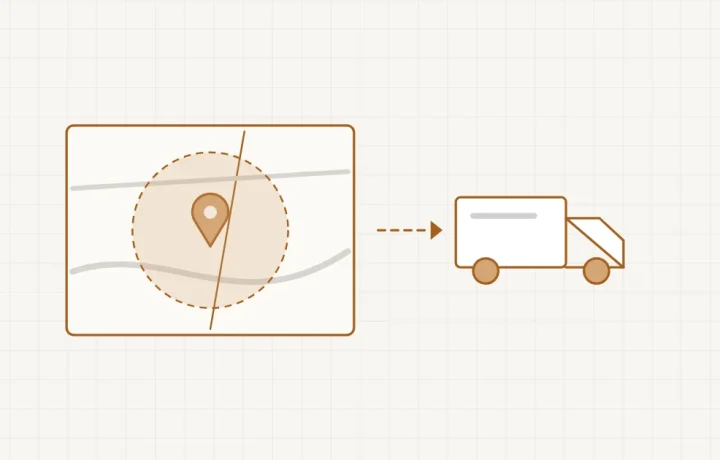 Une camionnette d’artisan au centre d’un cercle tracé sur une carte, sans point d’adresse fixe affiché